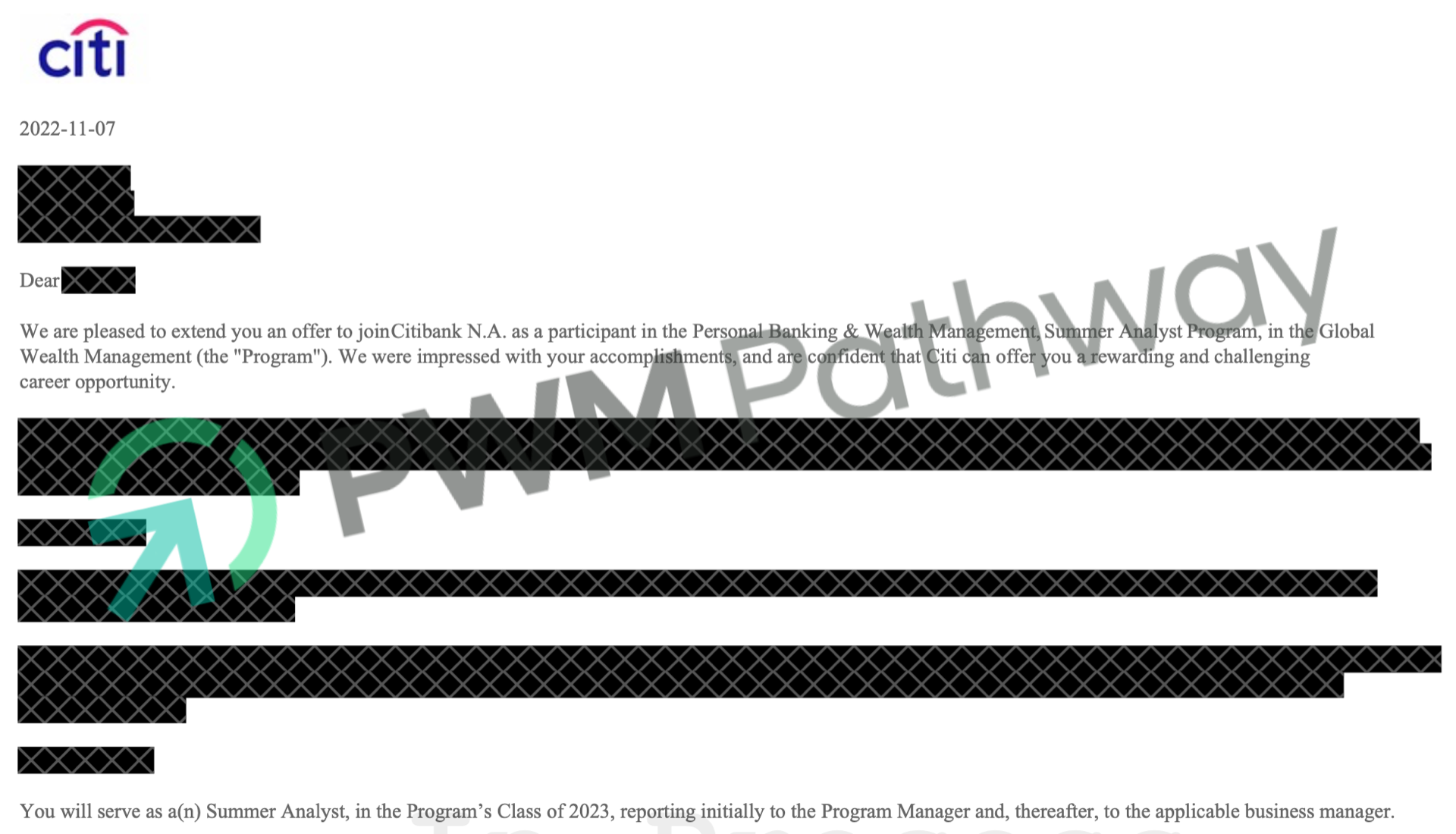 Student offer letter 1 from a top private bank