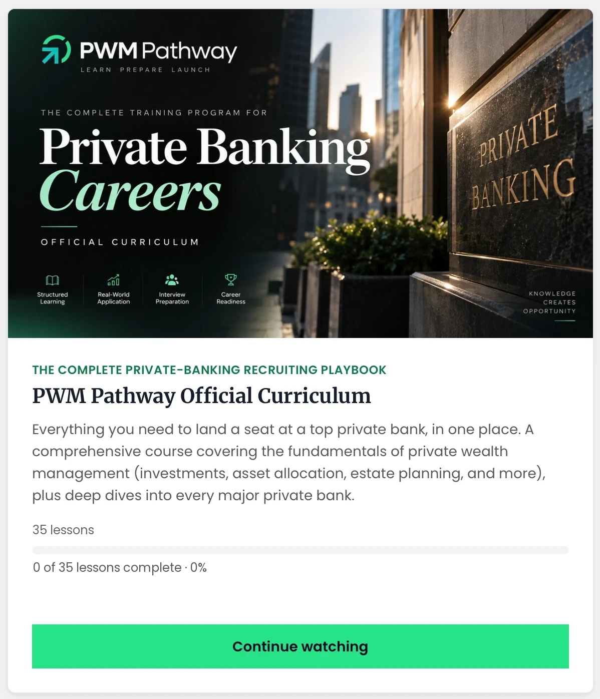 The PWM Pathway Official Curriculum as it appears in your member library, with its cover art, description, and lesson progress