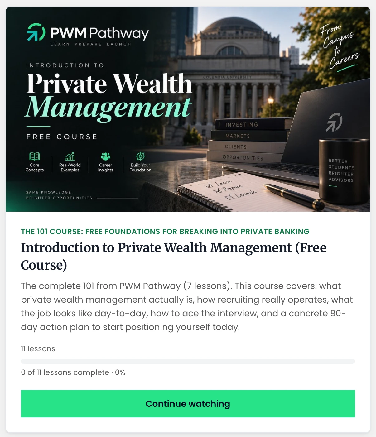 The free course as it appears in your member library, with its cover art, description, and progress bar