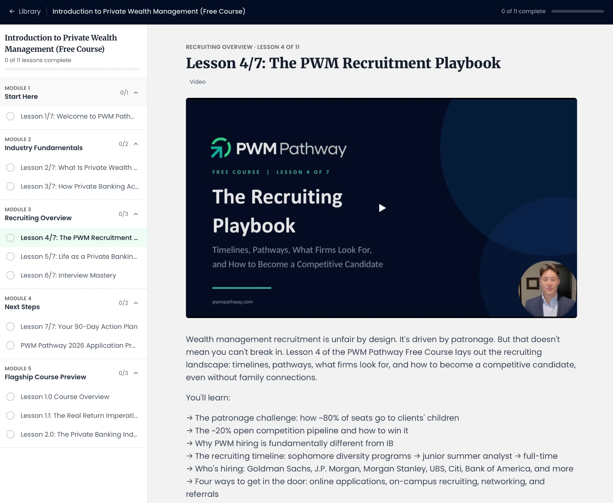 The course player: the lesson video with the full module outline in a sidebar and progress tracked per lesson