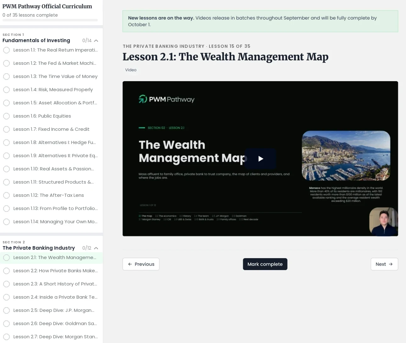The course player: a lesson video with the full three-section syllabus in the sidebar and progress tracked per lesson