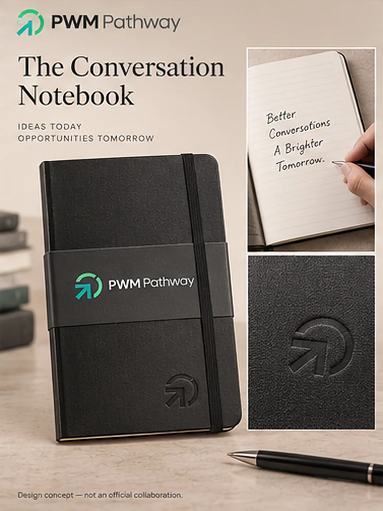 Concept rendering: a black hardcover notebook with the PWM Pathway mark pressed into the cover and a branded paper band.