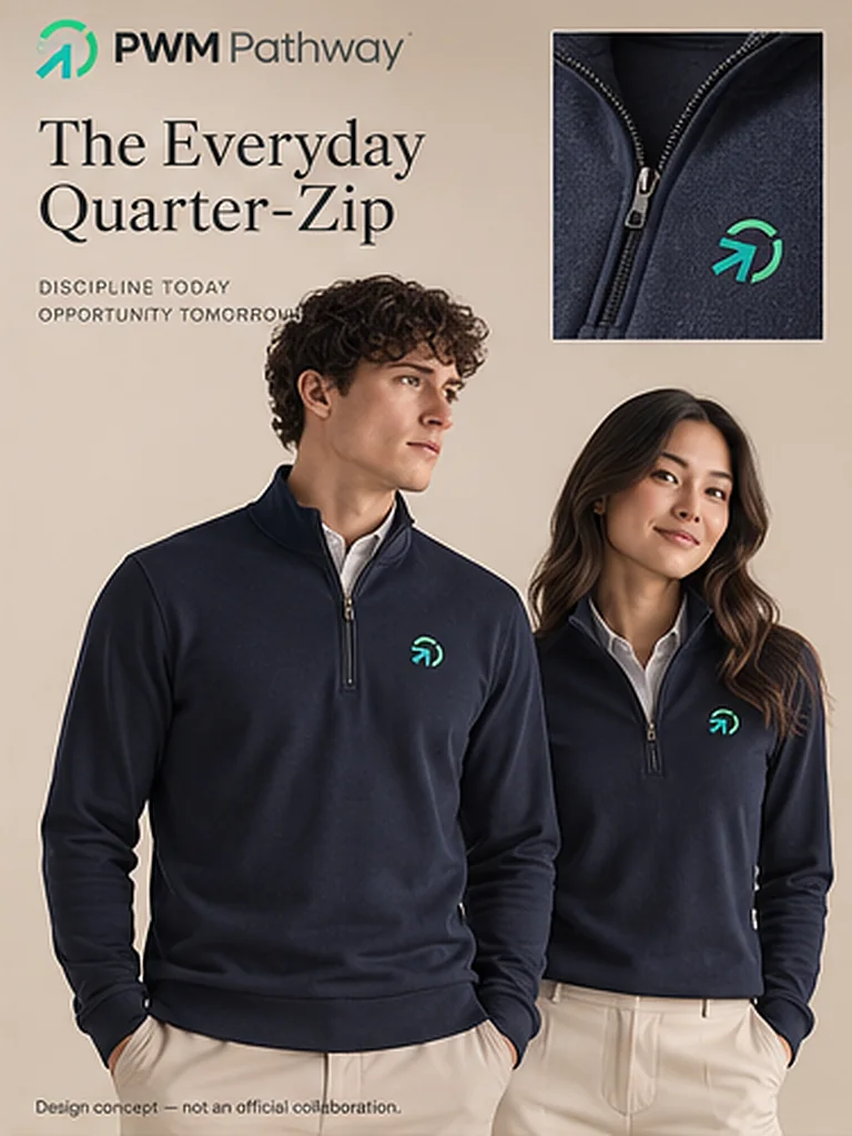 Concept rendering: a man and a woman in navy quarter-zip pullovers over collared shirts, the PWM Pathway arrow mark embroidered on the chest.