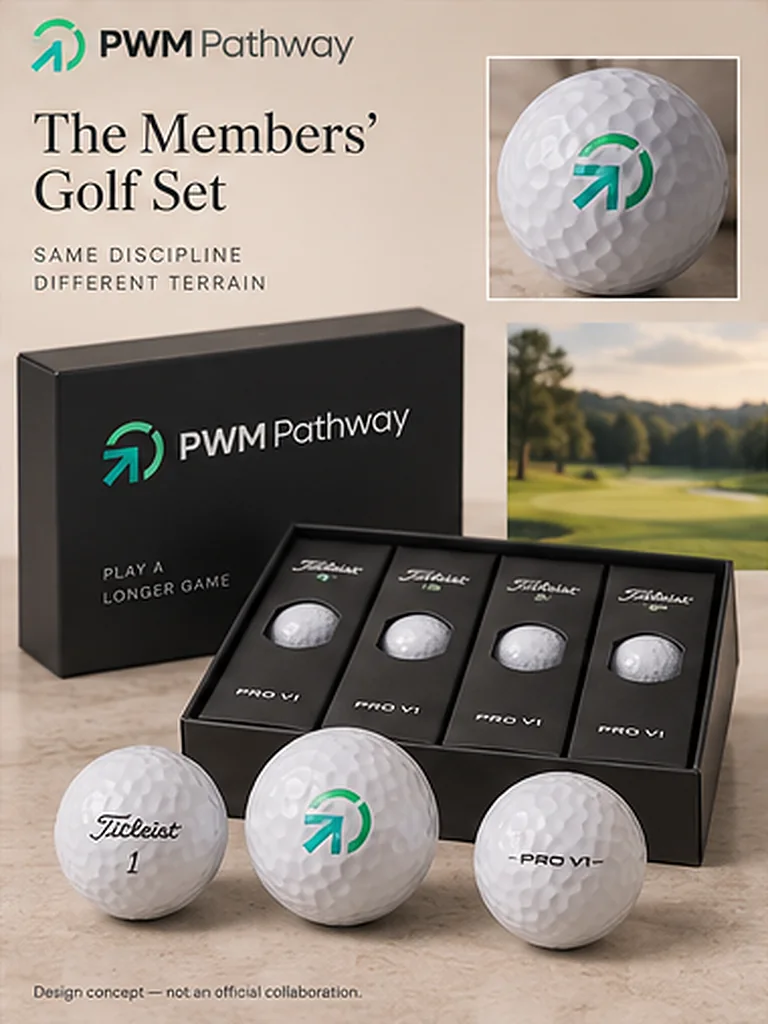 Concept rendering: golf balls printed with the PWM Pathway arrow mark beside a black PWM Pathway gift box.