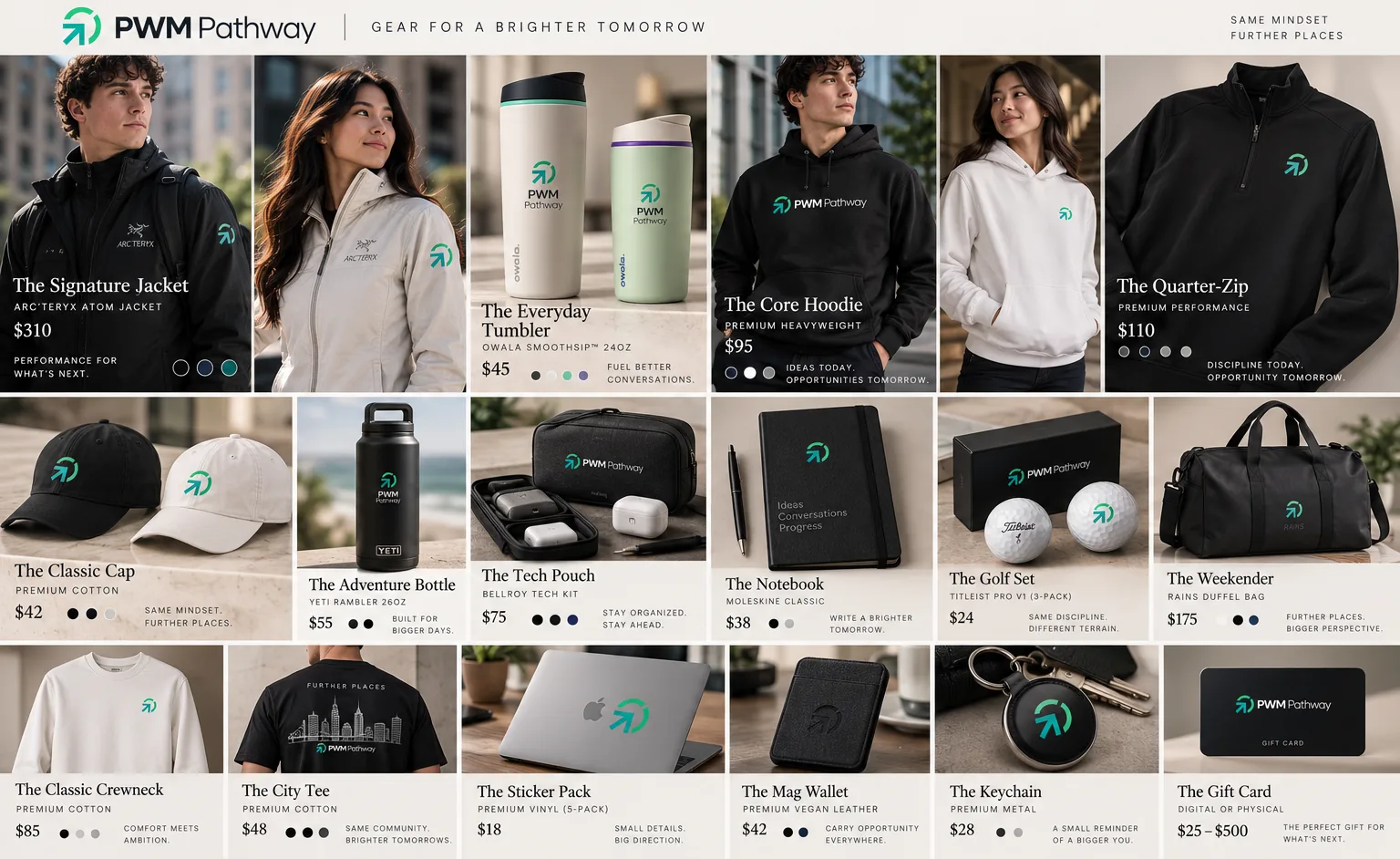 The PWM Pathway gear lookbook: sixteen concept pieces, from the jacket and the weekend bag to caps, a notebook, golf balls and a gift card.