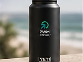 Concept rendering: a black insulated bottle with the PWM Pathway logo.