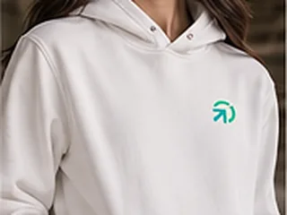 Concept rendering: a white heavyweight hoodie with a small PWM Pathway mark on the chest.