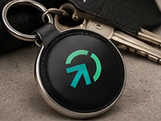 Concept rendering: a round black keychain with the PWM Pathway arrow mark.