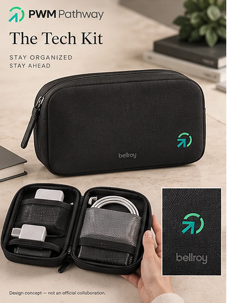 Concept rendering: a black zip pouch with the PWM Pathway arrow mark, shown closed and opened flat with chargers and cables inside.